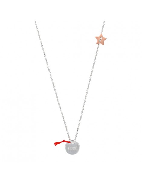 Round necklace "Love" adorned with a pink gold star in rhodium silver
