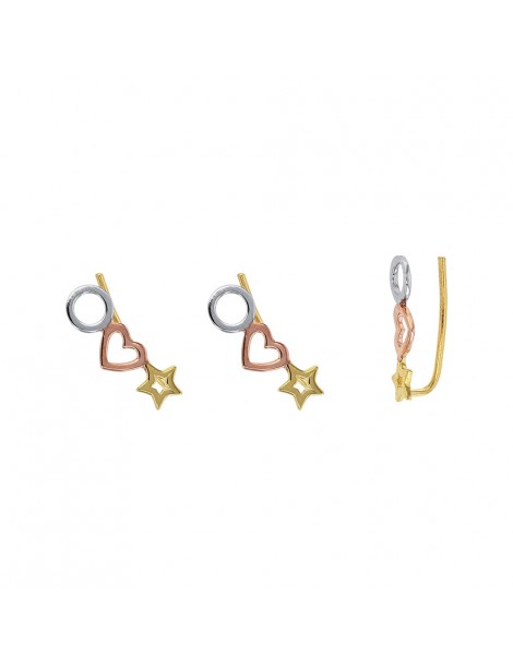 Silver round earrings, pink gold heart and gold star
