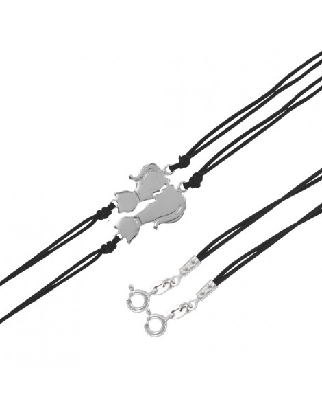 Bracelet black cord duo decorated with rhodium silver cats