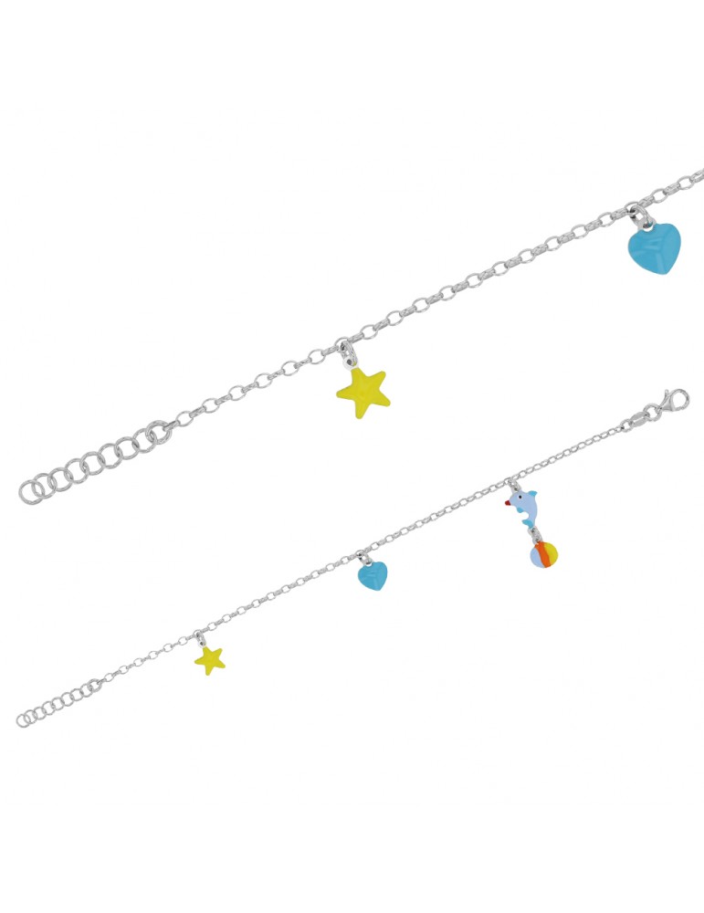 Bracelet argent rhodié avec pampilles étoile, cœur et dauphin