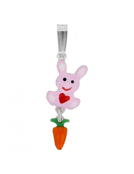 Pendant with a pink bunny and carrot in rhodium silver