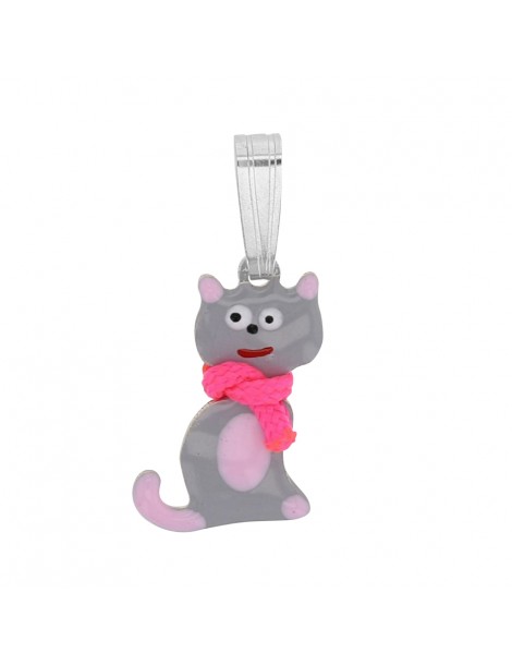 Pendente a forma di gatto con sciarpa in argento rodiato