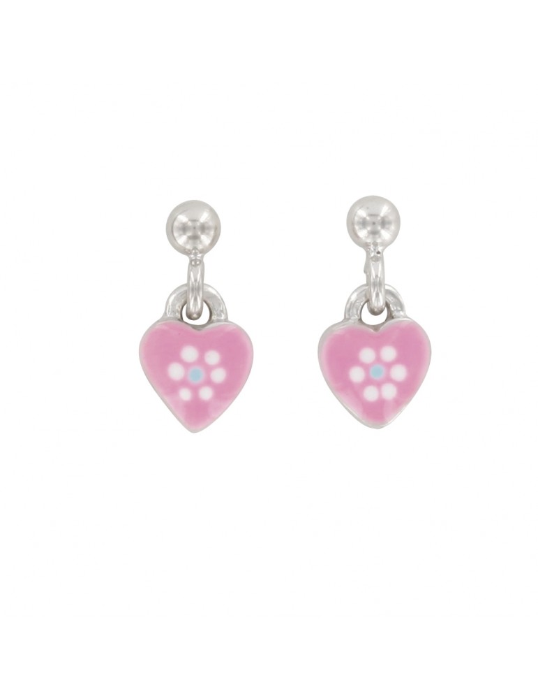 Earrings rhodium silver with pink heart for children