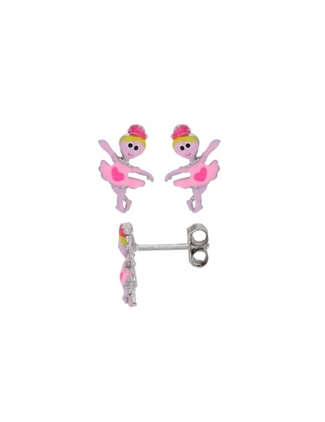 Dancer earrings with pink heart in rhodium silver