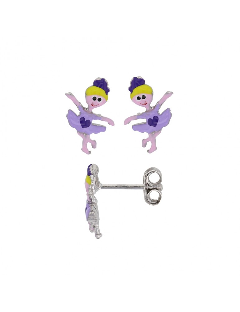 Boucles d'oreilles danseuse avec cœur violet en argent rhodié
