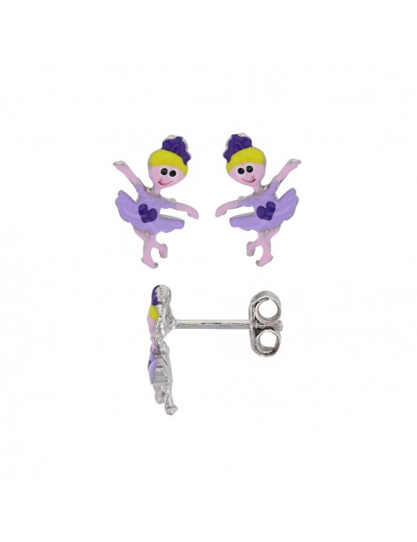 Earrings with dancer and purple heart in rhodium silver