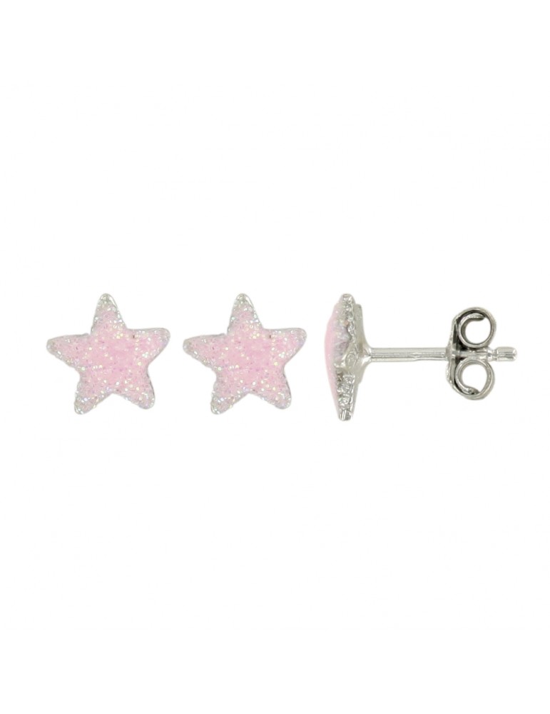 Boucles d'oreilles puces en argent rhodié forme étoile rose à paillettes