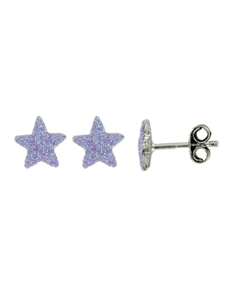 Boucles d'oreilles puces en argent rhodié forme étoile violette à paillettes