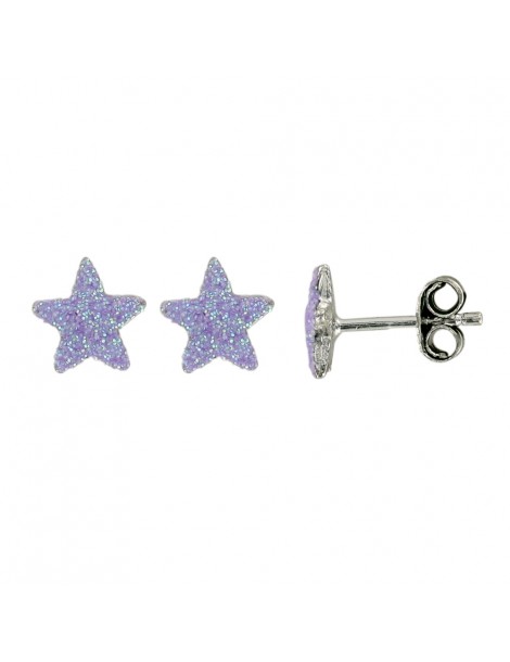 Ohrringe in rhodiniertem Silber Sternform lila mit Glitzer