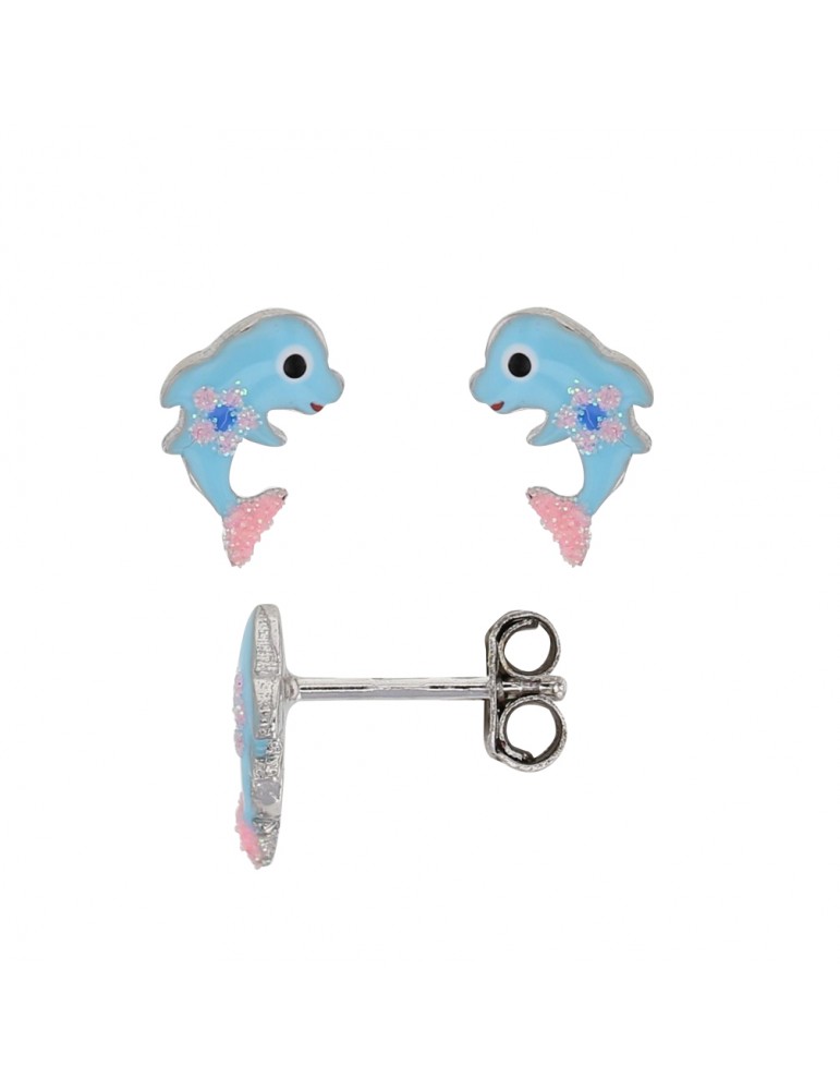 Boucles d'oreilles puces en argent rhodié avec dauphin et fleur
