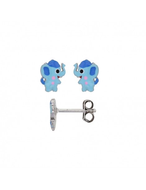 Boucles d'oreilles puces en forme d'éléphant bleu en argent rhodié