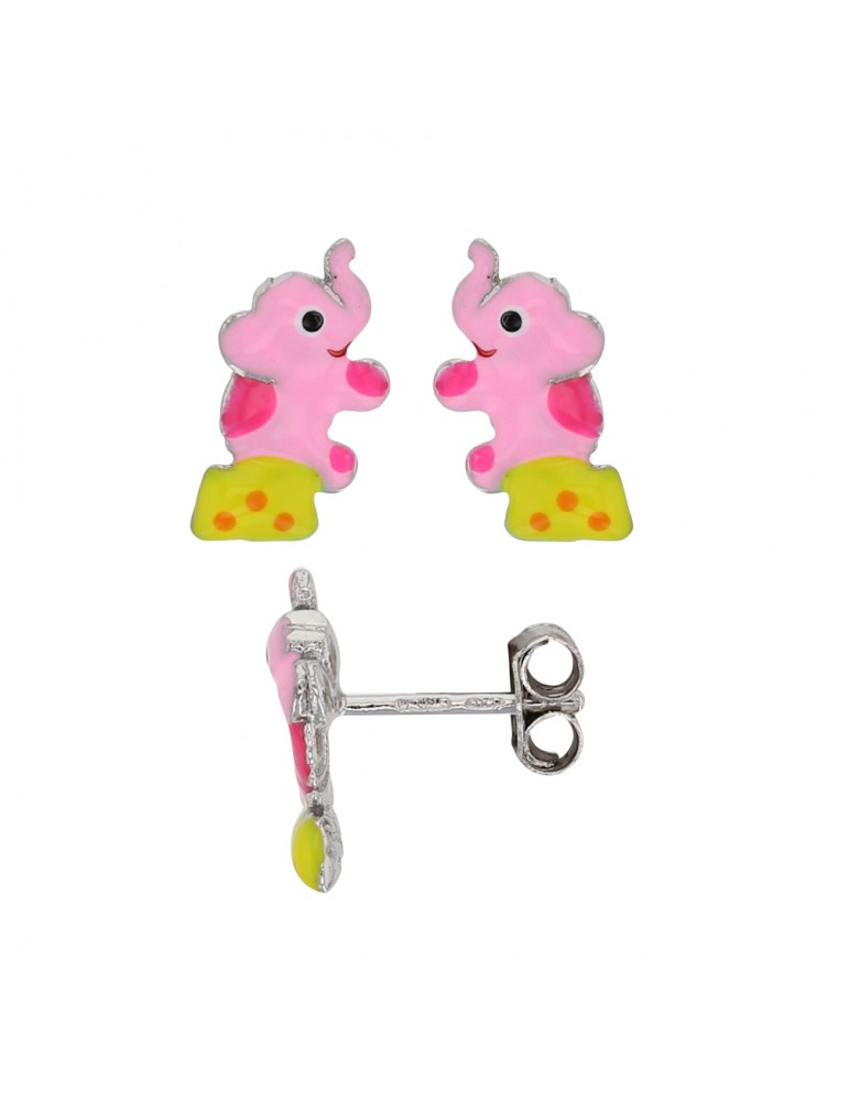 Boucles d'oreilles en forme d'éléphant rose assis en argent rhodié
