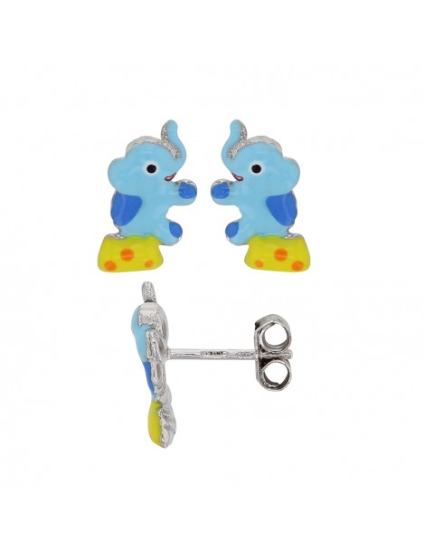 Boucles d'oreilles en forme d'éléphant bleu assis en argent rhodié