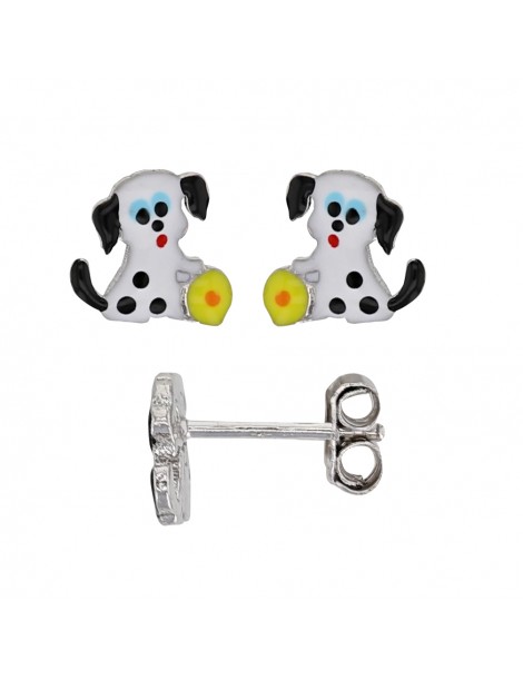 Earrings black and white dog earrings with yellow ball in silver rhodium