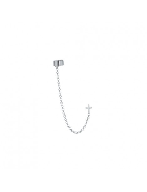 Earrings with chain and a cross in rhodium silver
