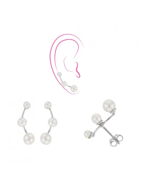 Boucles d'oreilles 3 perles synthétiques sur tige argent massif