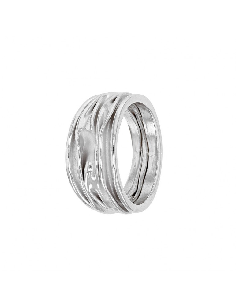 Wide rhodium silver ring with pleated fabric effect