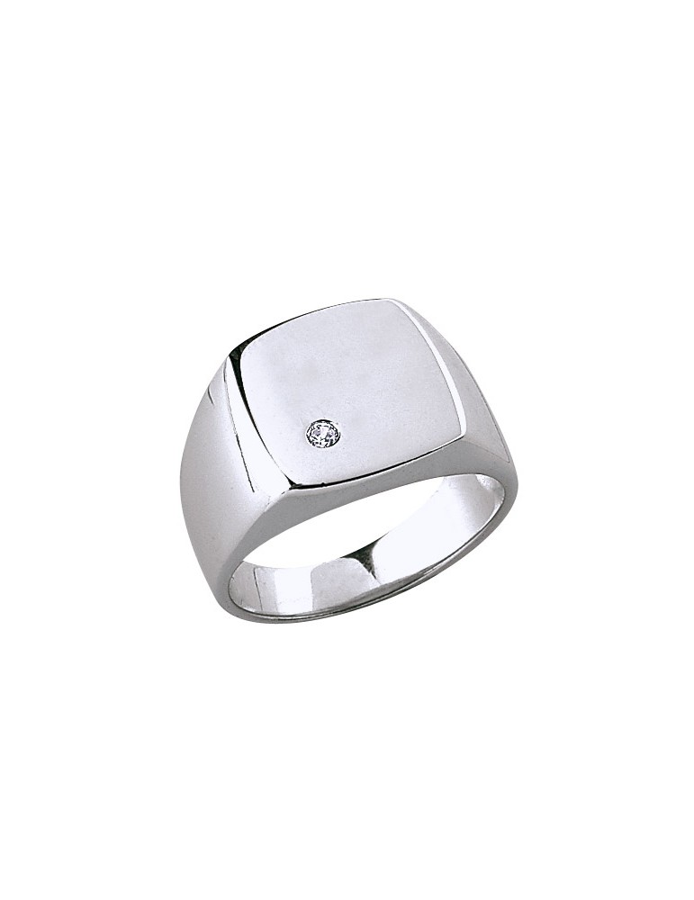 Rhodium silver signet ring with zirconium oxide