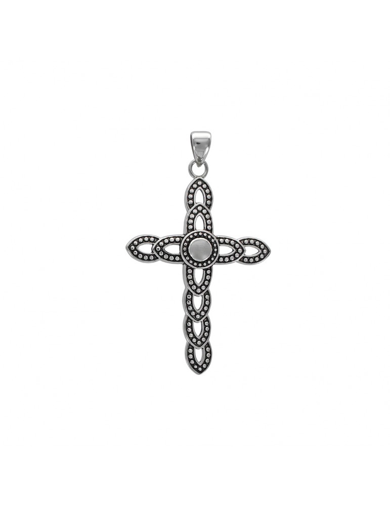 Croce pendente in acciaio grigio opaco patinato
