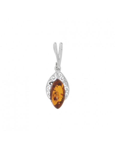 Oval pendant in amber with rhodium-plated silver outline