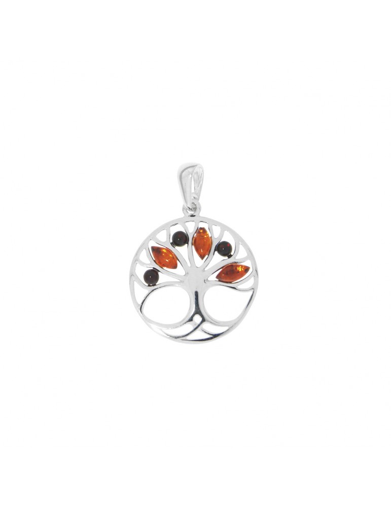 Tree of life pendant in amber cognac and cherry and rhodium silver