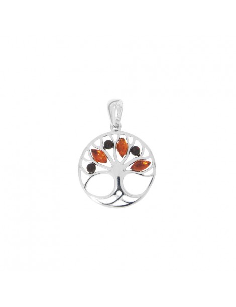 Tree of life pendant in amber cognac and cherry and rhodium silver