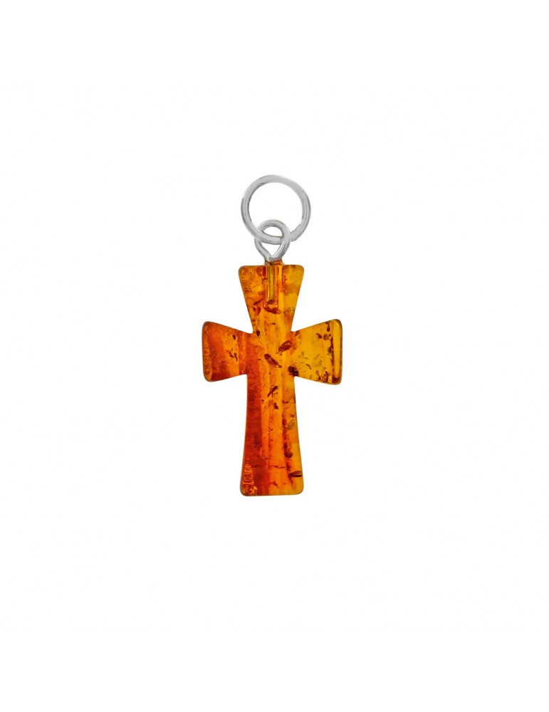 Pendentif en forme de croix en ambre surmonté d'un anneau argenté