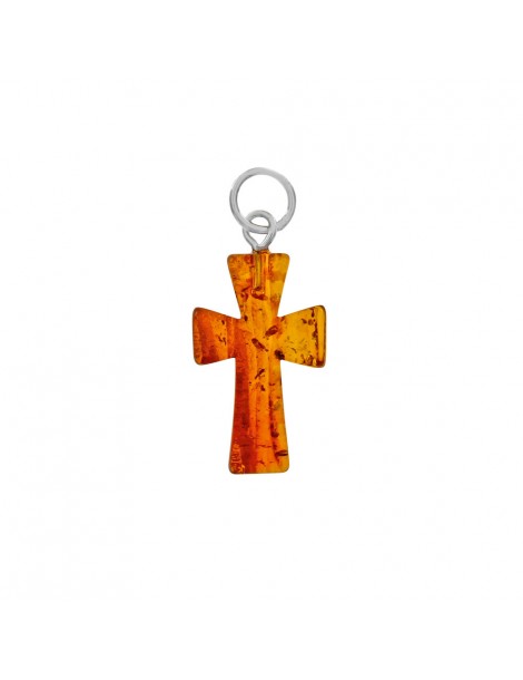 Pendentif en forme de croix en ambre surmonté d'un anneau argenté