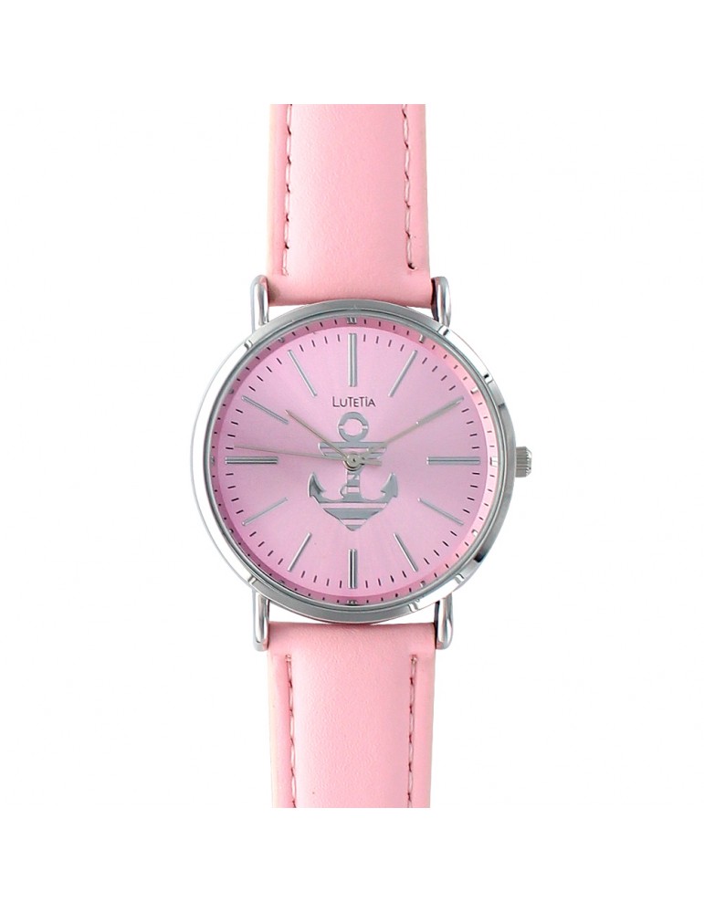 Reloj con esfera de color rosa Lutetia con ancla y correa de piel.