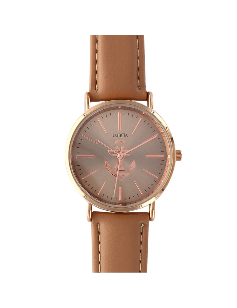 Reloj Lutetia marrón con esfera rosa y correa de piel.