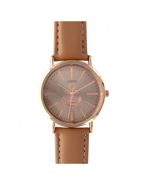 Brown Lutetia watch with pink dial and leather strap