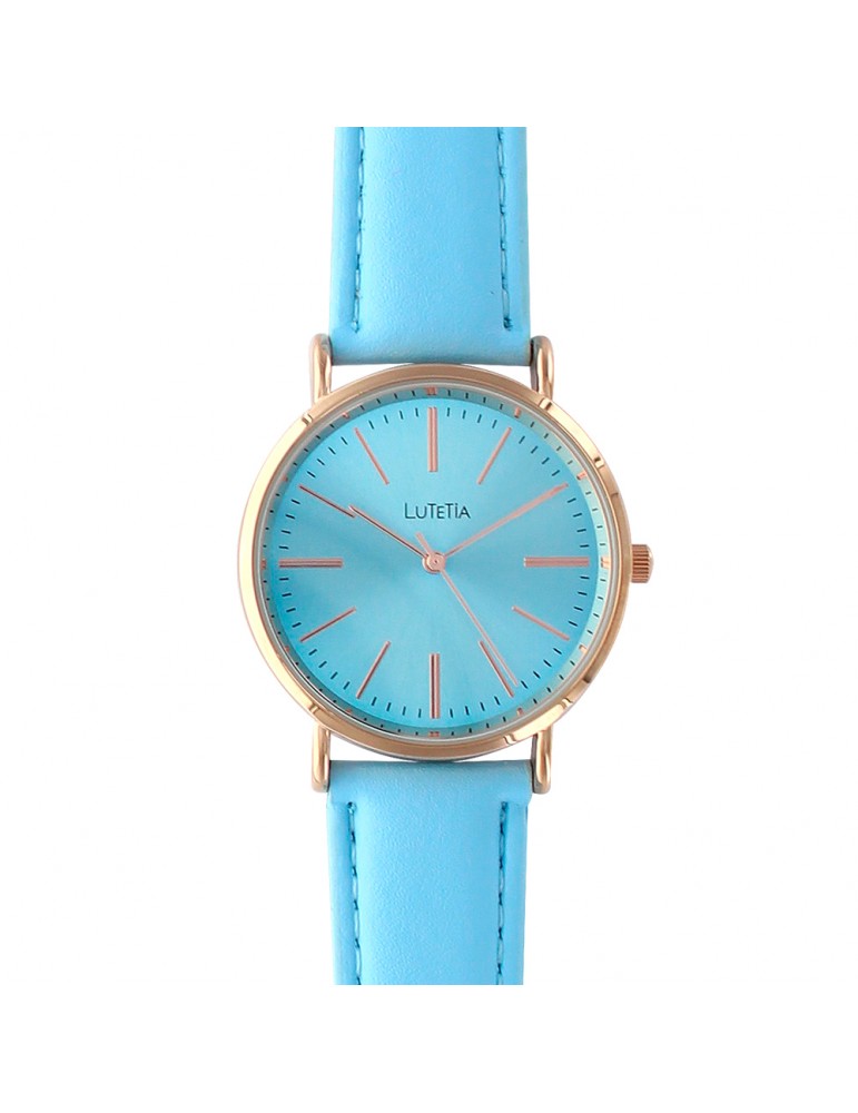 Lutetia watch with pink gold metal case and sky blue leather strap