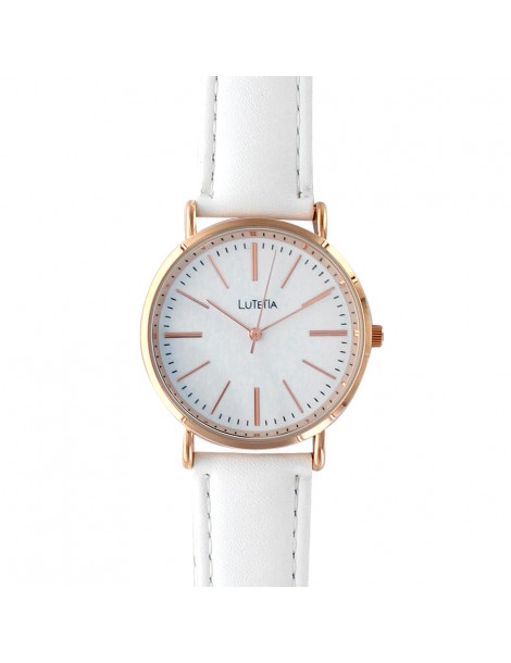 Lutetia watch with pink gold metal case and white leather strap