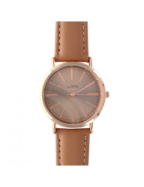 Lutetia watch with pink gold metal case and brown leather strap