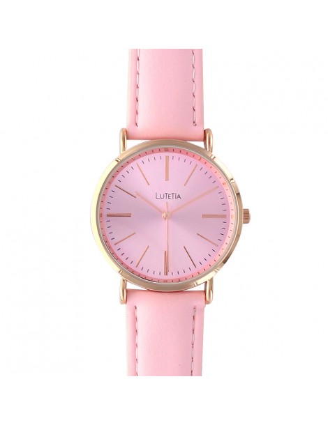 Reloj Lutetia con caja de metal dorada rosa y correa de piel rosa.