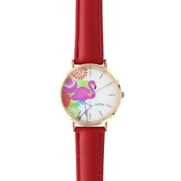 Montre Lutetia cadran à motif flamant rose, boîtier métal doré rose et bracelet synthétique rouge 750141R Lutetia 38,00 €