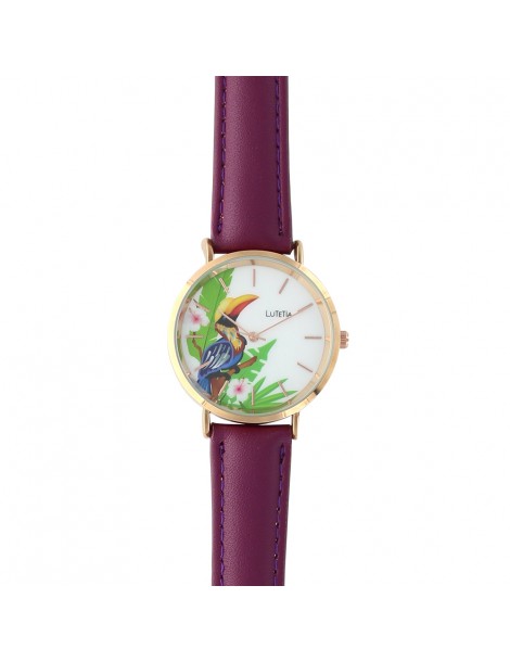 Montre Lutetia motif toucan, bracelet synthétique violet