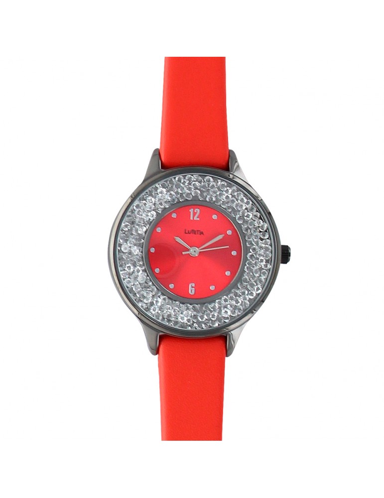 Lutetia rote Uhr, anthrazitgraues Metallgehäuse, Zifferblatt mit Steinen