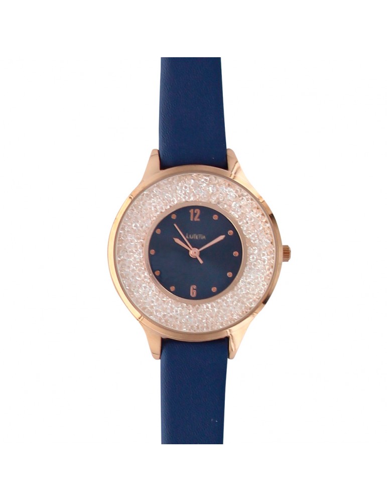 Lutetia navy blue watch, pink gold metal case, dial with stones