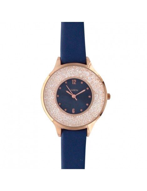 Lutetia navy blue watch, pink gold metal case, dial with stones