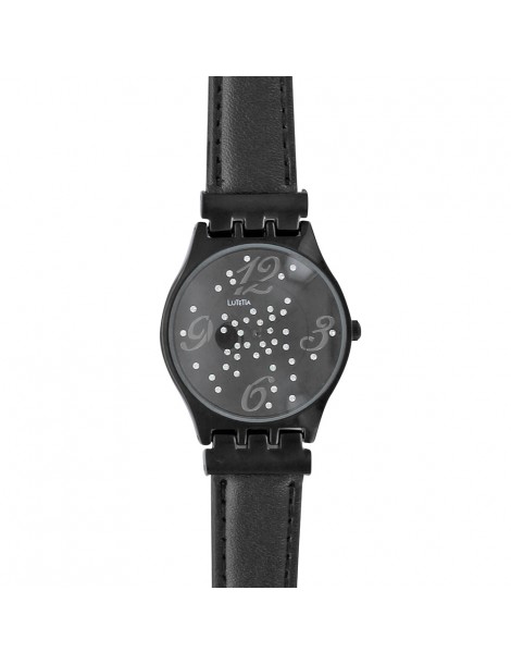 Orologio nero Lutetia con cassa in metallo, strass e cinturino in pelle