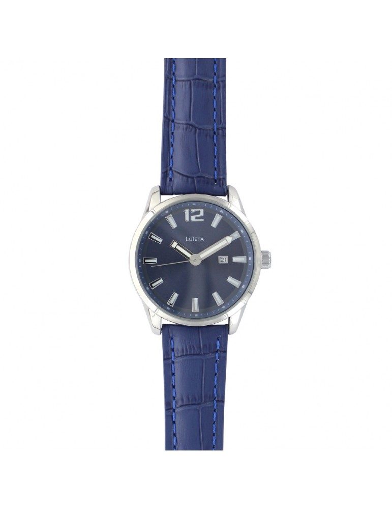 Lutetia watch with dato, metal case, crocodile look blue strap