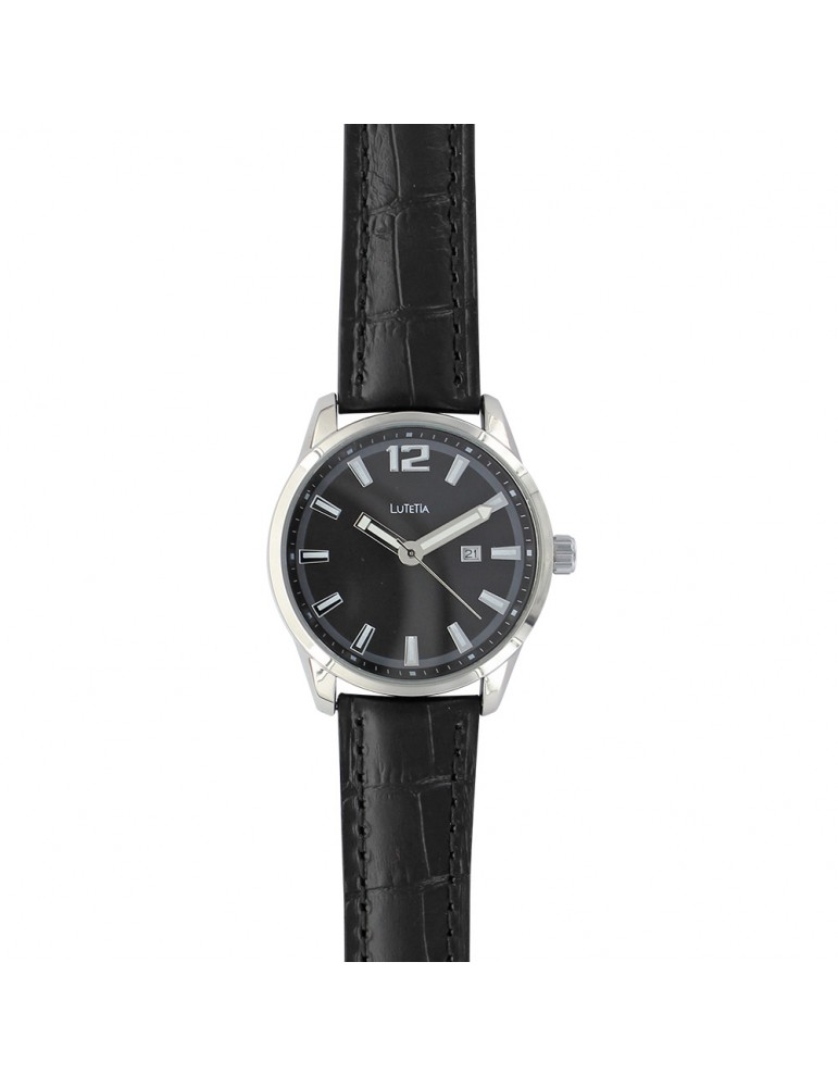 Lutetia watch with dato, metal case, black crocodile strap