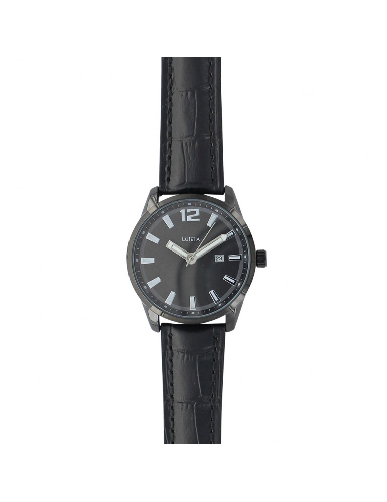 Lutetia watch with dato, black case, crocodile-look black strap