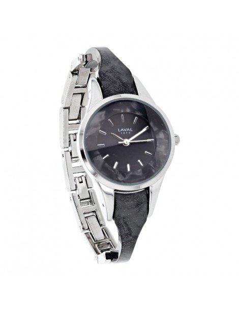 LAVAL watch silver metal case, black metal strap and acetate