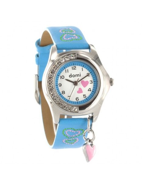 DOMI Pedagogical watch Hearts and rhinestones, blue synthetic bracelet