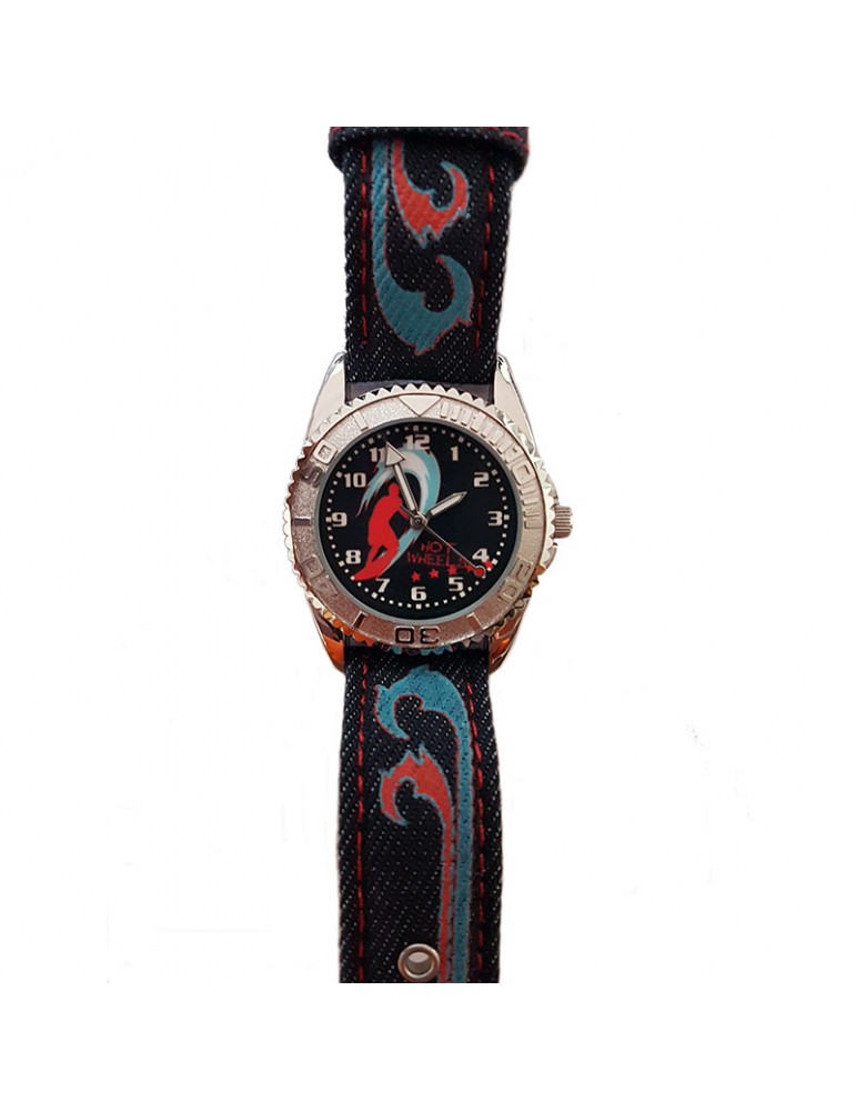 Hot Wheels surfer metal watch, dark blue denim effect bracelet