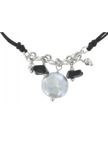 Armband schwarze Kordel mit Agathe schwarzen und weißen Perlen