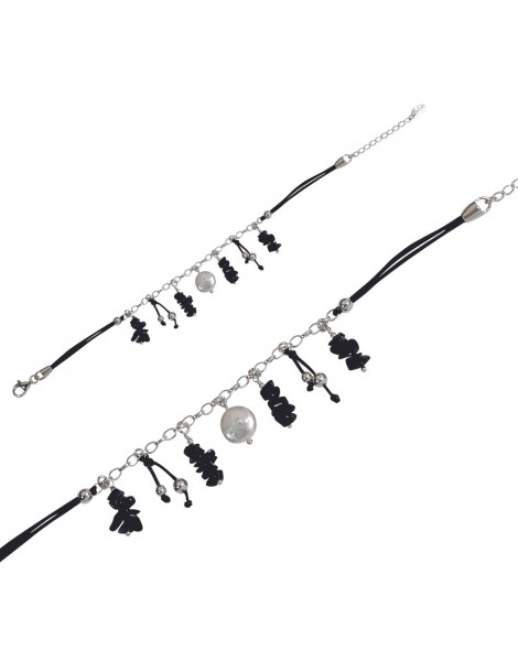 Bracelet cordon noir avec Agathe noir et Nacre blanche