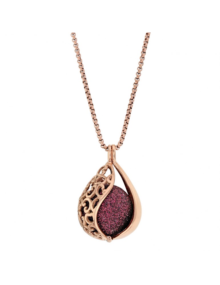Pink steel necklace, openwork drop and sequined plum ball